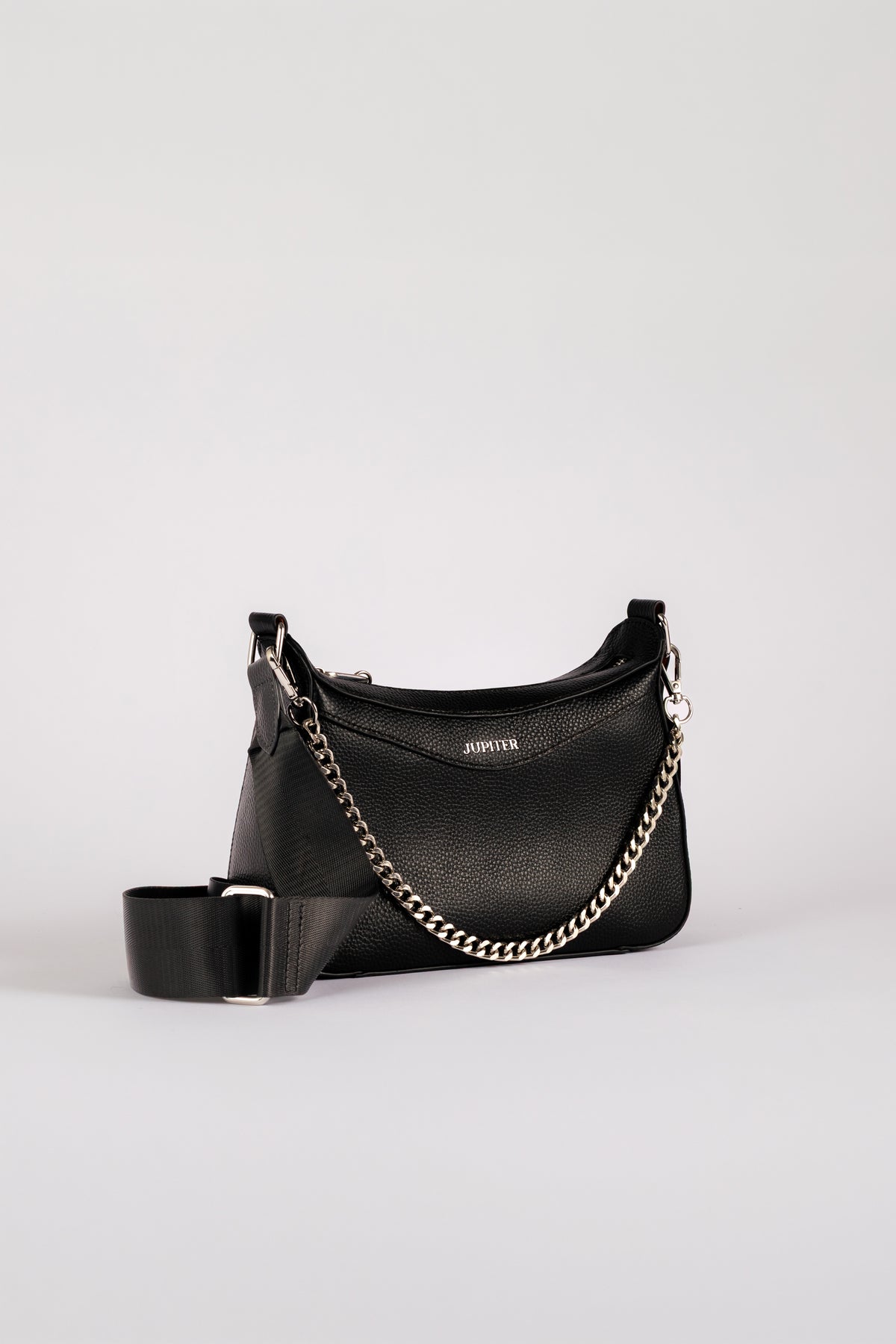 A black pebbled leather shoulder travel bag with a silver-tone chain strap and a matching black leather shoulder strap, displayed on a light gray background. Branded with the name Jupiter. 