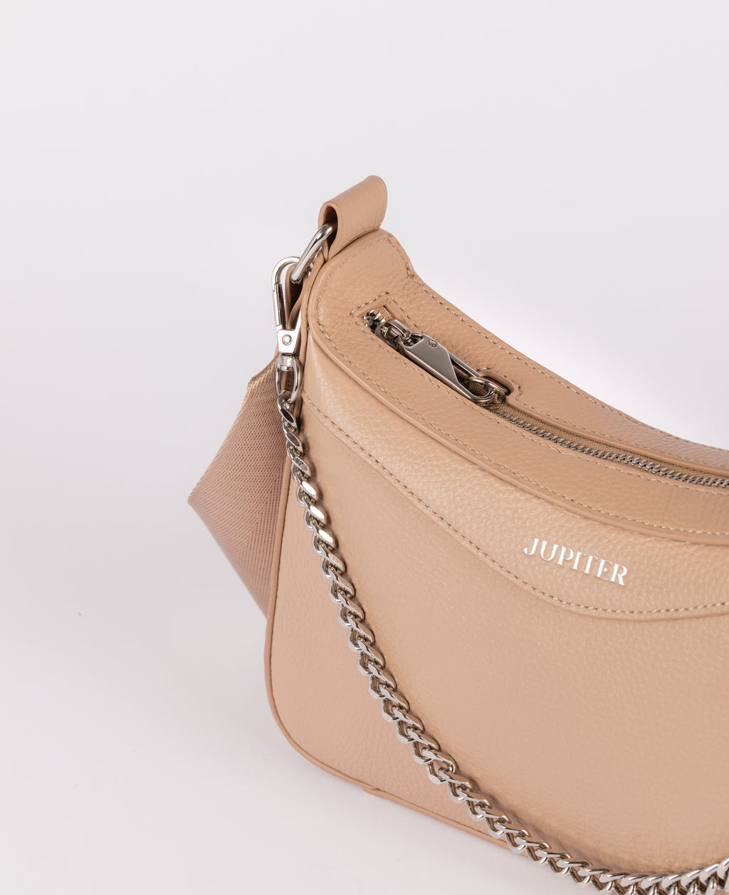 A close-up of a Jupiter beige pebbled leather shoulder travel bag with a silver chain strap and the brand name 'JUPITER' printed on the front, set against a plain white background.